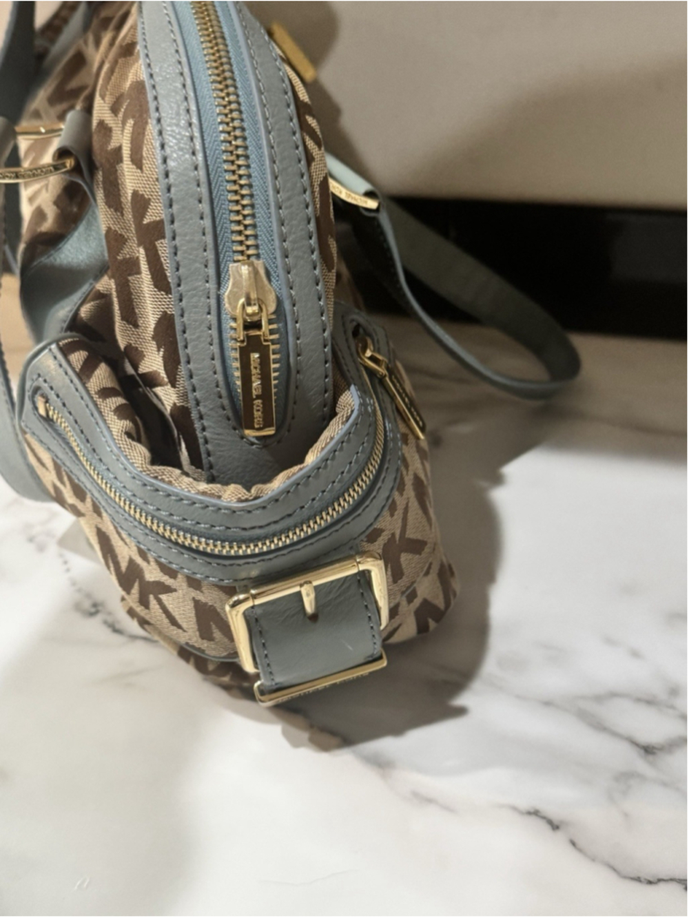 MICHAEL KORS monogram Beige Blue Teal jacquard LARGE satchel Y2K EUC Purse Bag - Picture 3 of 11